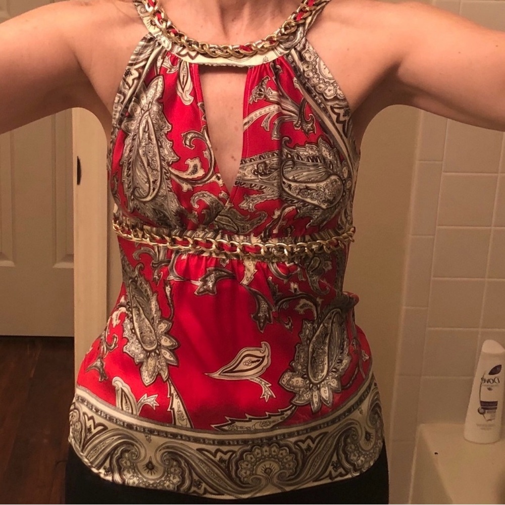 Cache Red and Silver Paisley Tank Top